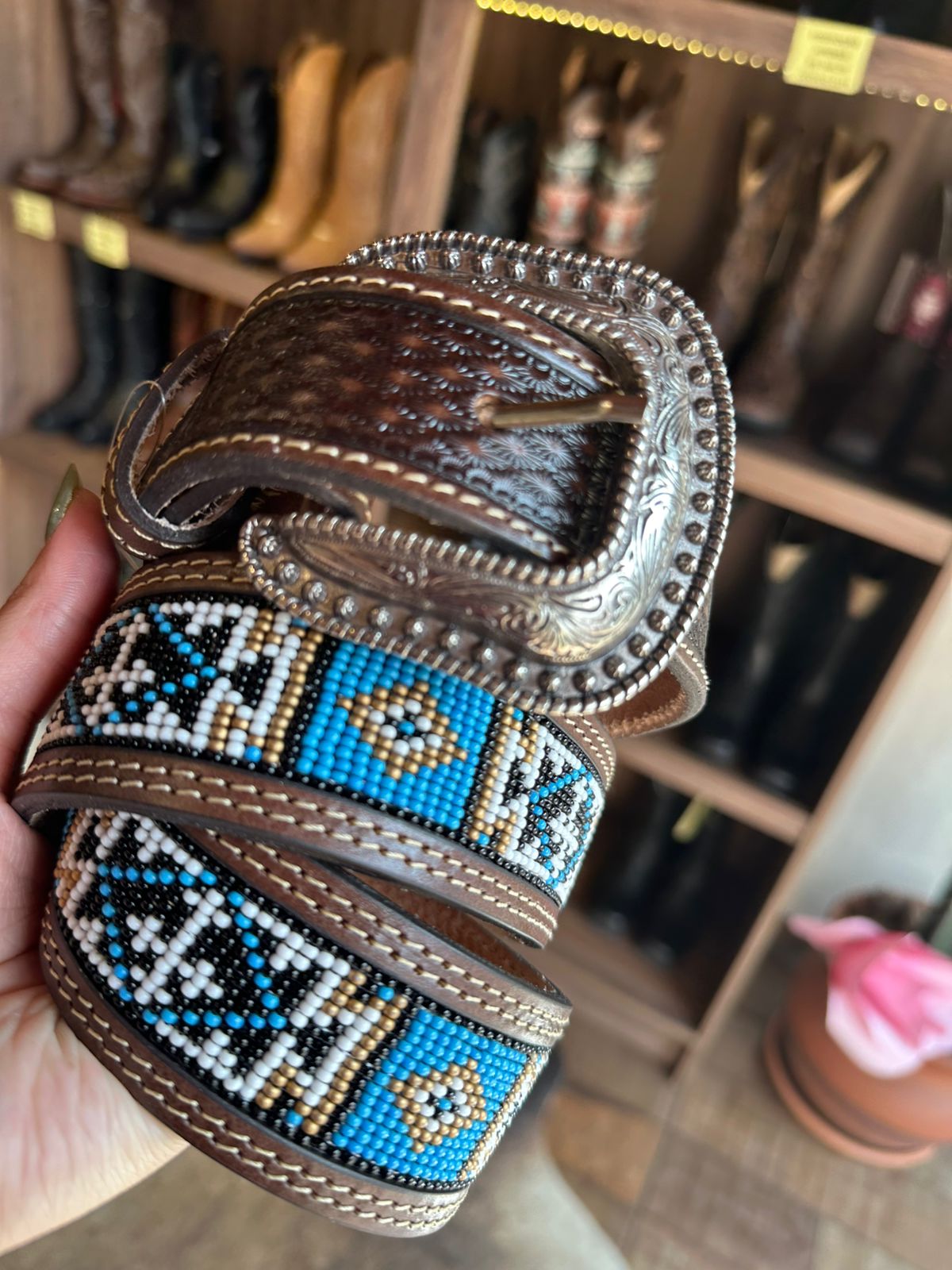 Cinto Masculino 351 Miçangas Paul Western Azul / Dourado / Branco